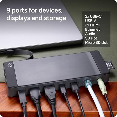 ZAGG 9-Port Hub – 2 USB-C, 2 HDMI (4K 60Hz), 1 USB-A (10Gbps), Ethernet, Audio Jack, SD & MicroSD Card Readers - Multi-Device Connectivity for iPadOS, ChromeOS, Android, Windows - style: 9-Port Hub