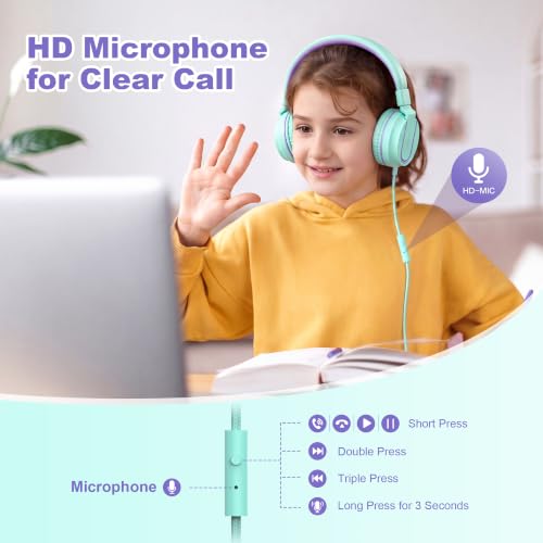 AILIHEN I35 Kids Headphones for School with Mic, 93dB Volume, Green Purple | Wired On Ear Headphones for Girls Boys, 3.5mm Foldable Lightweight for Classroom Chromebook, Laptop, Computer, Tablet - color: Blue