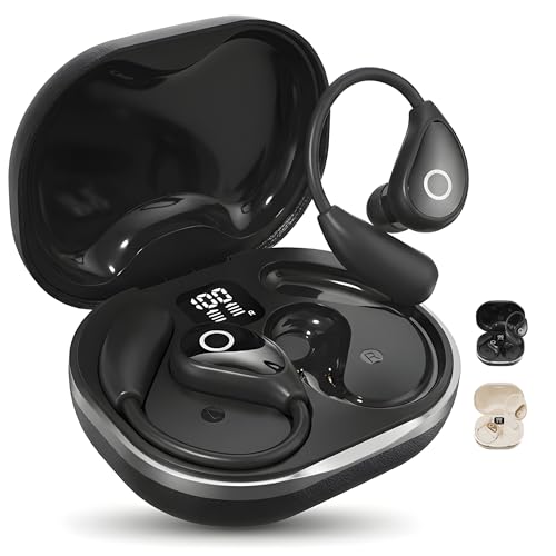 Wireless Earbuds with Earhooks, Open Ear Bluetooth 5.3 Headphones for Work & Running, 60H Playtime, LED Display, IPX5 Waterproof, USB-C Charging (Black) - color: Black