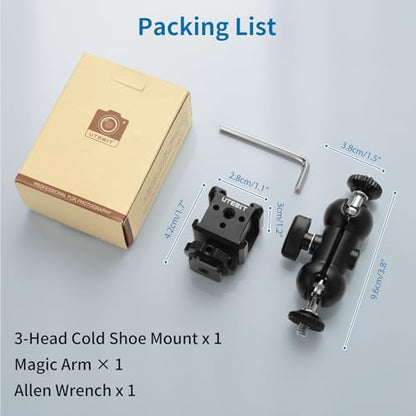 UTEBIT 3 Port Cold Shoe Mount with 1/4"-20 Thread, Black | Cold Shoe Extension Bracket with 3.8" Magic Arm Dual 1/4 Screw Head Adapter for Camera Cage Flash LED Monitor Microphone