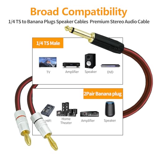 Yuchenfeng 2Pack Gold-Plated 1/4" TS Mono to Banana Plug Speaker Cable - 14AWG OFC Copper Audio Cable for Guitar, Mic & DJ Equipment, Dual PVC Shielded, Hi-Fi Sound 6.5FT
