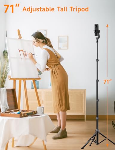 Phone Tripod, 71" Portable Cellphone Tripod Stand with Remote & Phone Holder, Camera Stand for iPhone, Compatible with Camera iPhone/Android Smartphone/Gopro - size: 71 inch