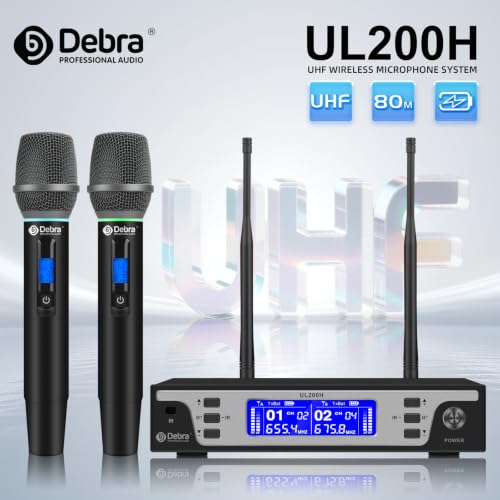 Debra Wireless Microphone System, UHF Dual Handheld Metal Mics with LCD Screen, 262ft Long Range, Cardioid Dynamic Mic for Clear Vocal, XLR/6.35mm Output for Karaoke, Party, Church, Live Performance