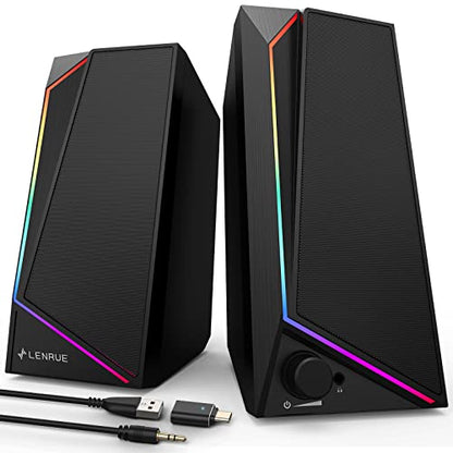 LENRUE Computer Speakers, USB/USB-C Powered AUX Audio for PC Speakers with Loud Stereo Sound, Headphone-in, Touch Lights for Desktop, Computer, Laptop, Desk（USB-C to USB Adapter Included - color: Black
