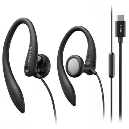 PHILIPS USB-C Wired Earbuds with Microphone, Secure Fit Over-Ear Sport Earhooks, Deep Bass 15mm Drivers, in-Line Controls, Plug-and-Play USB-C Earphones, Wired Open Ear Headphones for Running & Gym - color: Black, style: USB-C WITH MIC