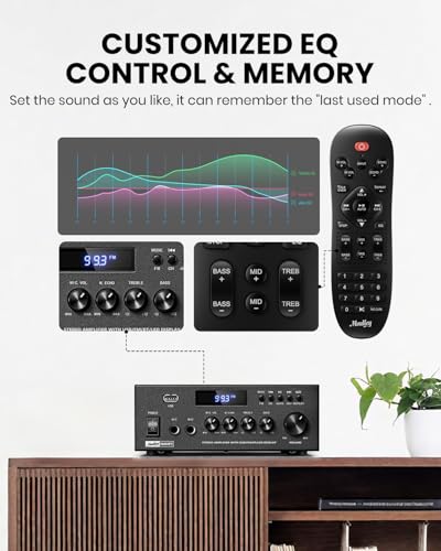 Moukey Amplifier Home Audio, 2.0 Channel Stereo Receivers with Bluetooth 5.3, Full Function Remote, FM, RCA, USB, 2 Mic in, 300W Peak Power, for Karaoke, Garage, Home Theater, MAMP3 - size: 300W Peak, 20W× 2 RMS