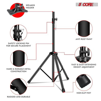 5 Core Speaker Stand Universal Mount Steel Construction 132 Lbs Capcity Stable Tripod w/Adjustable Height 72” w 35mm Compatible Insert Metal Safety Pin Black