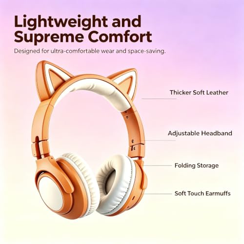 Cat Ear Headphones for Kids & Adults, LED Gaming Headset | Headphones Wired & Bluetooth Mode with Built-in Mic,Compatible with Phone/Laptop/PC/Tablet,Foldable Cute Headphones,Khaki - color: Khaki