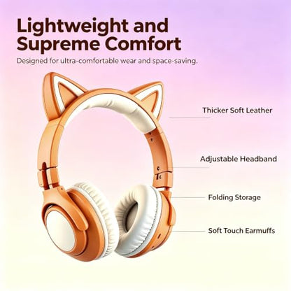 Cat Ear Headphones for Kids & Adults, LED Gaming Headset | Headphones Wired & Bluetooth Mode with Built-in Mic,Compatible with Phone/Laptop/PC/Tablet,Foldable Cute Headphones,Khaki - color: Khaki