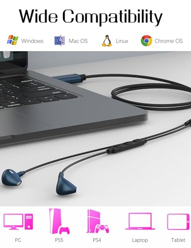 USB Earbuds with Microphone for PC Wired, 2M/6.5ft USB-A Headset Headphone | Mute Function,For PC Computer Laptop PS4 PS5 Notebook Desktop,For Office Zoom meeting online course,Dark Green,Lightweight