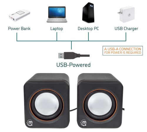Manhattan USB Powered Stereo Speaker System - Small Size - with Volume Control & 3.5 mm Aux Audio Plug to Connect to Laptop, Notebook, Desktop, Computer - 3 Yr Mfg Warranty - Black Orange, 161435 | Powered desktop sound pair with analog input, 90 Hz-20 kH