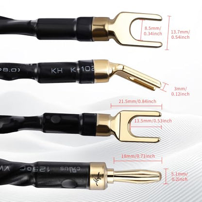 9 AWG 2-Pack Speaker Cable with 2 Banana Plugs to 4 Spades Per Cable | 99.99% OFC Core, 24K Gold-Plated Plugs, Ferrite Cores, Speaker Wire with Connectors for Amplifiers, Home Theater, 4.92ft/1.5m - size: 9.84ft/3m