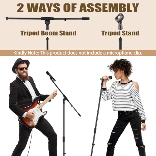 Tellegloww 4 Pcs Microphone Stand Tripod Boom Arm Floor Podium Studio Mic Stand Adjustable Height 75 Inches, Extends Arm to 27 Inches Comes with 3/8 Inch and 5/8 Inch Mount Adapters for Singing