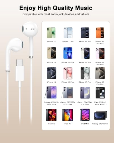 [Apple MFi Certified] USB C Headphones Wired for iPhone 17 16 15,Galaxy S26 | 2 Pack Earphones/Earbudswith USB-C Plug, Wired Ear Buds with Built-in Remote to Control Music, Phone Calls, and Volume - color: Silver+White