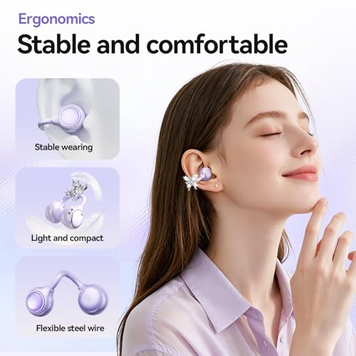 Open Ear Clip Earbuds Bluetooth 6.0, Wireless Ear Clip Headphones with LED Mirror Charging Case, IPX6 Waterproof 40H Playtime, Lightweight Open-Ear Earphones for Women Girls Gifts (Purple) - color: Purple