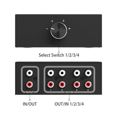 LVY 4-Way Stereo Audio Selector, Bi-Directional L/R Audio Switcher Splitter Box Suitable for Connecting Blu-ray Players or DVD Players to Multiple Stereo Speakers (4in1out/1in 4out)
