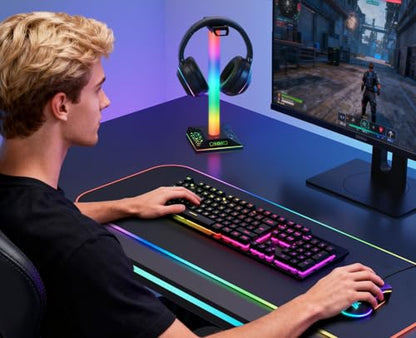 RGB Gaming Headset Stand, LED Headset Holder with 10 Lighting Modes, Headphone Stand Cool Stuff for Boys, Desk PC Gaming Accessories Gifts for Gamers Men Adult, Medium - color: White Black