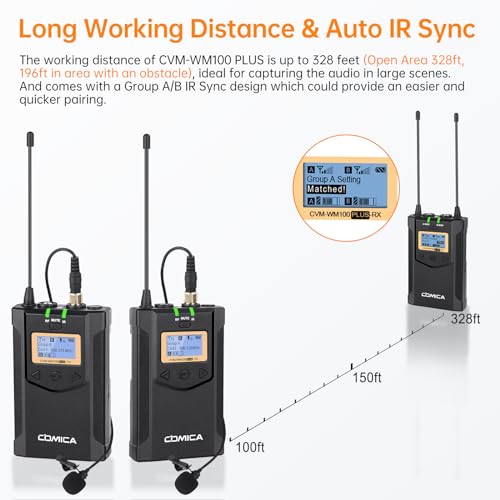 COMICA CVM-WM100PLUS UHF Wireless Lavalier Microphone for Camera Smartphone | 48 UHF Selectable Channel, Noise Cancellation, 160ft Stable Range, Dual Lapel Mic for YouTube TikTok Vlog Interview Stream