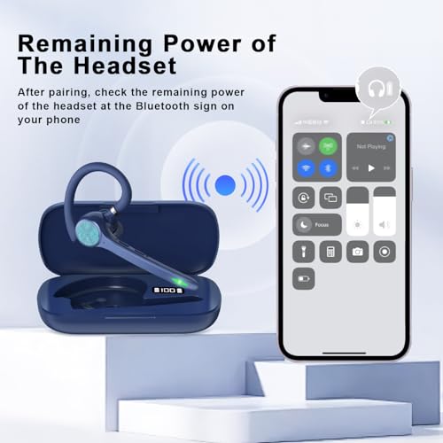 HEIBAS Bluetooth Headset, Wireless Bluetooth Earpiece with 500mAh Charging Case 72 Hours Talking Time Built-in Microphone for iOS Android Cell Phone, Hand-Free Headphones for Trucker, Office(Blue)