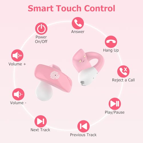 iDIGMALL Kids Wireless Earbuds, Open Ear Clip On Headphones for Teen, Pink | 85dB Volume Limit, 20 Hours Charging Case, Bluetooth 5.4, Built-in Mic, For Teens Child Girls Boys Home School Travel Sports - color: Pink