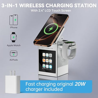 7-in-1 Magnetic Wireless Charging Station, Qi2 15W Fast Charging (Sliver) | Multifunctional Charger for Apple Multiple Devices, LCD Display with Bluetooth 5.3 Speaker, Alarm Clock (Adapter Included)