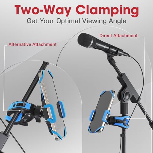 Crescendo CR-30 SlimClip Mic Stand Phone Holder, iPhone Clamp Mount, Pole Phone Mount, Microphone, Music or Drum Stand, Mic/Phone Clip - for iPhone, Samsung Galaxy, Pixel, Any Smartphone (Blue) - color: Blue