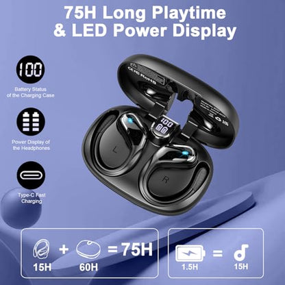 Ltinist Wireless Earbuds, 75hrs Bluetooth 5.4 Headphone Sport, 2026 Bluetooth Earbuds Deep Bass Over Ear Buds with Earhooks, ENC Noise Cancelling Earphone Mic, IP7 Waterproof for Workout/Running/Gym - color: A-Deep Black