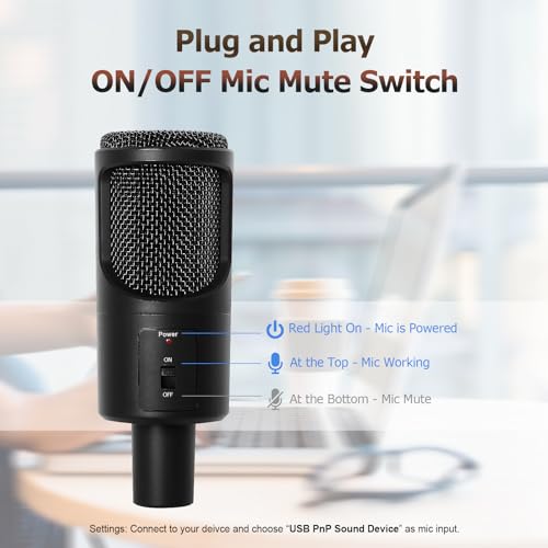 PC USB Microphone, Podcast Condenser Mic with Foldable Tripod Mute Switch for Streaming, Gaming, Podcasting, Recording, Chatting, Twitch, YouTube, on Computer, Laptop, PS4/5 Plug & Play