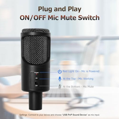 PC USB Microphone, Podcast Condenser Mic with Foldable Tripod Mute Switch for Streaming, Gaming, Podcasting, Recording, Chatting, Twitch, YouTube, on Computer, Laptop, PS4/5 Plug & Play