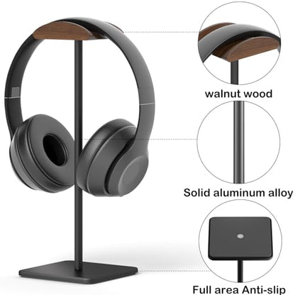 Wooden Headphone Stand for Desk - Headphone Holder | headset stand with Aluminum Hanger and wooden support, headphone holder for AirPods Max, Sony, Bose, Beats and More