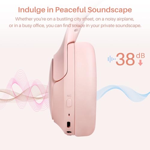 TOZO Hybrid Active Noise Cancelling Headphones, Hi Res Audio | Wireless Over Ear Bluetooth Headset, 60H Playtime, Custom EQ via App Deep Bass Comfort Fit Ear Cups, for Home Office Travel - color: Pink