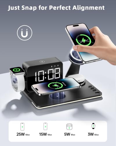 7-in-1 Magnetic Wireless Charging Station with Digital Clock & LED Lamp | 65W Power Adapter, 25W Fast Charging, 6-Device Charging Hub, Rotatable Stand, Bluetooth TimeSync, Qi Magsafe Compatible