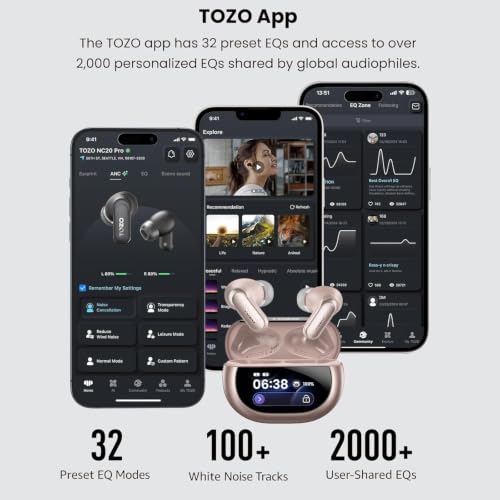 TOZO NC20 Pro Active Noise Cancelling Wireless Earbuds, Smart LCD Screen | LDAC Hi-Res Audio, Stereo Bass, 6 Mics AI Call Ear Buds, 80H Playtime, IPX8 Waterproof, 32 EQ via App, Wireless Charging - color: Titanium Pink