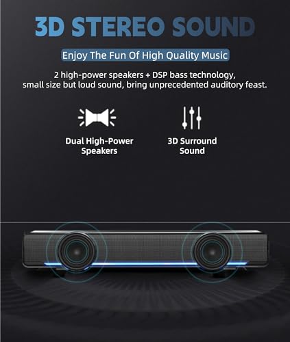 Soundbar,USB Wired SoundBar,Music Player with Bass Surround,Stereo USB Powered Mini Soundbar Speakers with 3.5mm Input for PC Tablets Laptop Desktop Projector Cellphone for Home Theater(Black)