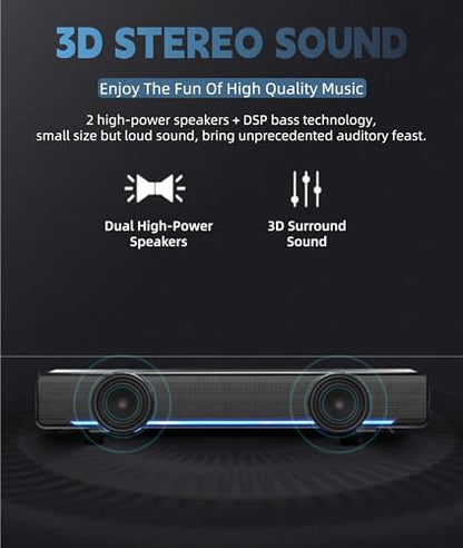 Soundbar,USB Wired SoundBar,Music Player with Bass Surround,Stereo USB Powered Mini Soundbar Speakers with 3.5mm Input for PC Tablets Laptop Desktop Projector Cellphone for Home Theater(Black)