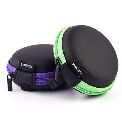 SUNGUY [2-Pack Earbuds Cases, Small Round Pocket Earbud Travel Carrying Case Pouch with Carabiners for Earbuds, Headsets, in-Ear Headphones, Hearing Aids, USB Cable and More (Green + Purple) - color: Green+Purple