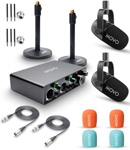 Movo Podcast Equipment Bundle for 2 with USB Audio Interface and 2 CastMic Dynamic Podcast Microphone Bundle with Mic Stands for Podcasting, Streaming, and Musicians - Podcast Kit for Computers - style: with Desk Stands