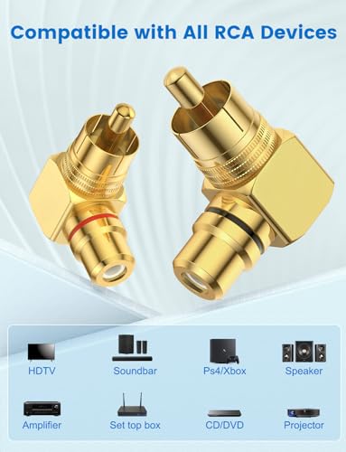 90° RCA Adapter Right Angle RCA Connector 2-Pack | Pure Copper, 24K Gold Plated RCA Male to Female Adapter for Wall-Mount TVs, Home Theater Systems, Subwoofers & Amplifiers - color: Gold - 2 Pack