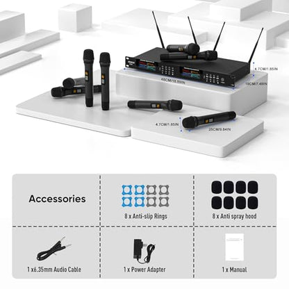 Wireless Microphone System, Pro 8 Channel UHF Mics Set with Metal Cordless Handheld Mics & Receiver, 200 Adjustable Frequency, 300ft Range for Singing, Church, Karaoke, Party - size: 8 Mics