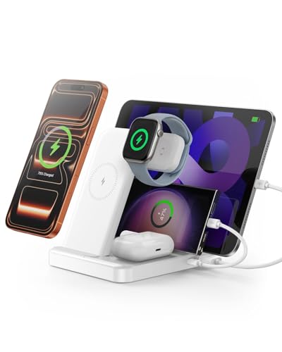 Multiple Devices Charging Station, 5-in-1 Charging Station for iPhone 17 Pro Max/Pro/16/15/14/13/12, iPad Pro/Air/Mini, Apple Watch and Airpods,Wireless Charging Dock(G805) (White) - color: White