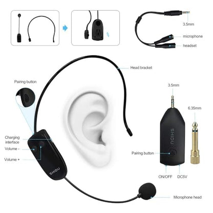 Generic Wireless Microphone Headset, 160ft Range,UHF Wireless Mic Headset and Handheld 2 in 1,Rechargeable, for Voice Amplifier,phone,PA System,Video Recording and Any AUX Audio Devices, Black