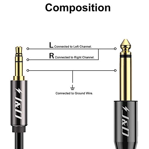 J&D 6.35mm (1/4 inch) TS to 3.5mm (1/8 inch) TRS Cable, Gold-Plated 1/4 inch Male to 3.5mm (1/8 inch) Male Mono Interconnect Heavy Duty Stereo Aux Jack Adapter Cable, 10 Feet - size: 10 Feet