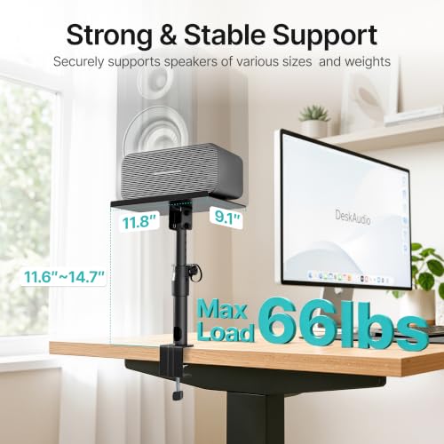 Clamp-on Speaker Stand Pair Heavy-Duty Desktop Speaker Mount Black | Height, Tilt & Swivel Adjustable, Clamp-on Desktop Installation, Universal Fit, For Home, Office & Studio Bookshelf Speakers