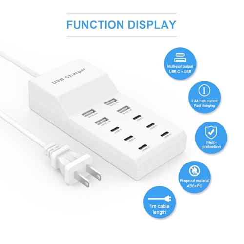 USB Charging Station for Multiple Devices USB Wall Charger Power Hub Strip Smart Plug Charging Dock Desktop Charge Block 6 USB C 4 USB A Ports Compatible with iPhone 15/iPad/iPod/Galaxy S Smart Phones