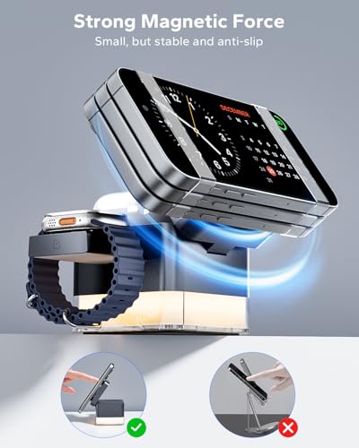 for iPhone Nightstand Charging Station, 15W 3 in 1 Wireless Phone Charger Stand with Night Lamp, Charging Dock for MagSafe, Foldable Cube, for iPhone 17/16/15/14/13/12, iWatch/AirPods, Gray - color: Gray