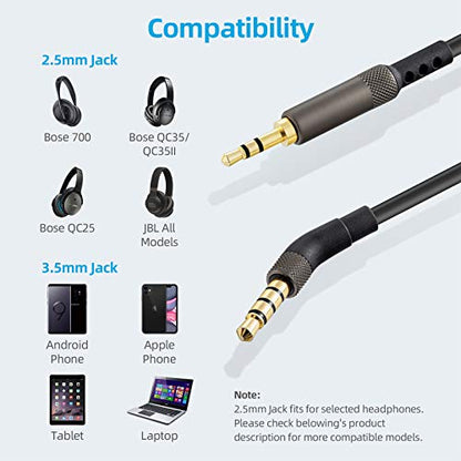 Mr Rex 2.5mm to 3.5mm Audio Aux Cable Headphone Replacement Audio Cable Cord Wire with in Line Mic Volume Control for Bose 700 QuietComfort QC45 QC35II QC35 QC25, JBL E45BT E55BT E65BTNC(2-Pack, 5FT) - size: 5ft / 1.5m (2-Pack)