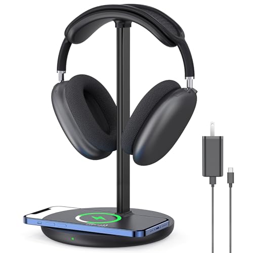 Headphone Stand with Wireless Charger, Gaming Headset Holder Hanger Rack 2 IN 1 Wireless Charging Station Dock for iPhone 15/14/13/12/11 Series, Samsung, AirPods Pro/3/2 and Desk All Headphones, Black | 2 in 1 Charging Station for iPhone, Samsung, AirPods