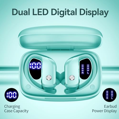 bmani Ear Buds Wireless Earbuds Bluetooth Headphones with 80H Playtime LED Display Case, Over-Ear Hook with Mic, Stereo Sound, Easy Button Controls, Sports Earphones for Running Workout Gym Mint Green