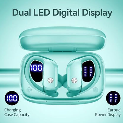 bmani Ear Buds Wireless Earbuds Bluetooth Headphones with 80H Playtime LED Display Case, Over-Ear Hook with Mic, Stereo Sound, Easy Button Controls, Sports Earphones for Running Workout Gym Mint Green