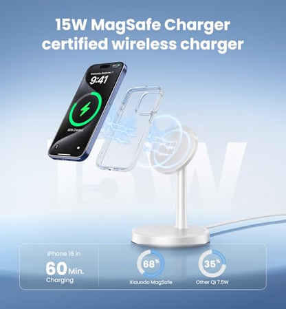Magnetic Wireless Charger iPhone, 2 Pack 15W Fast Mag-Safe Charger Stand for iPhone 17/17 Air/17 Pro/17 Pro Max 16/15/14/13/12 Series, Wireless Charging Station for Pad/AirPods(White) - color: White